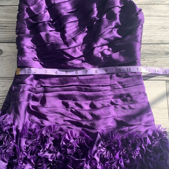 Theia One Shoulder Purple 100% Silk Ruched Rosette 3D Appliqué Cocktail Dress - Picture 13 of 16